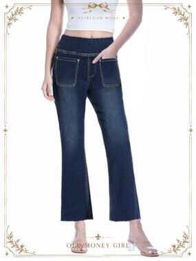 Women's Cropped Pull On Jeans High Waisted Stretchy Flared Bootcut Denim